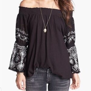 Free People Black Acapulco Off-Shoulder Embroidered  Blouse Size XS